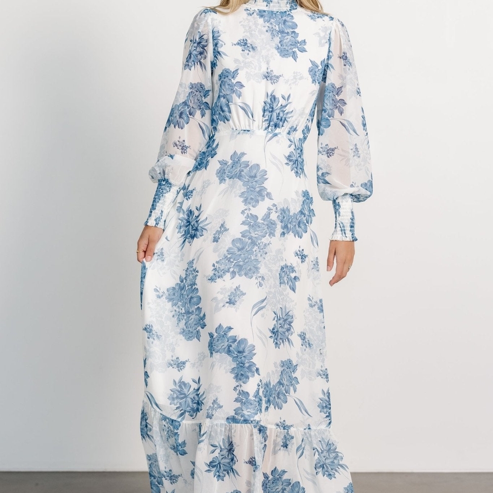Blue and White Ruffled Tiered Maxi Dress with Bishop Sleeves